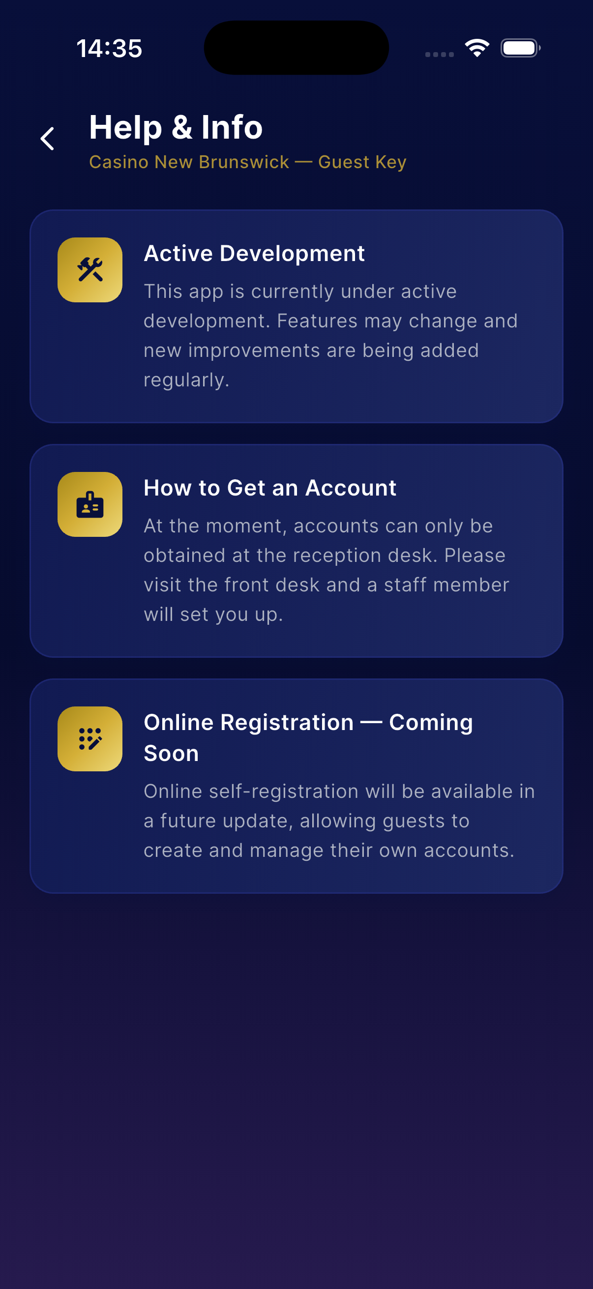 Casino NB Key Services Screen